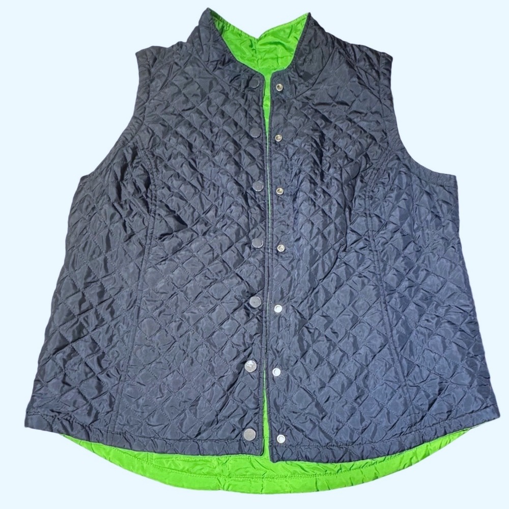 Crown & Ivy Vest Womens XL Reversible Quilted Navy Blue Green Preppy Classic
